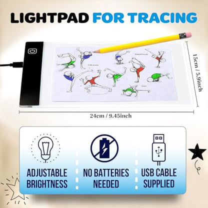 Flip Book Kit with LED Light Pad and Flipbook Paper, Animation Kit for Kids | Includes Starter Guide and Animation, A5 Light Box, Flip Book Animation Paper for Drawing, Binding Screws,Flip Books for Kids