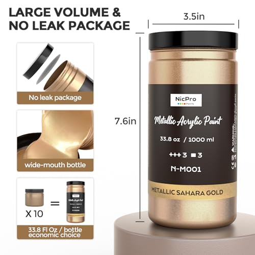 Nicpro Metallic Sahara Gold Acrylic Paint, 33.8oz/1000ml Gold Leaf Paint | Non Toxic Non Fading Craft Paint for Metal, Wood, Craft, Clay, Canvas, Furniture, Art Painting, Handcrafts, Art Supplies - color: Sahara Gold, size: 33.8 Fl Oz (Pack of 1)
