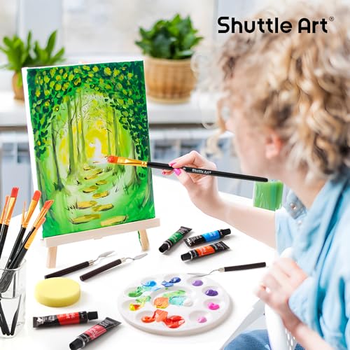 Shuttle Art 54 Pack Acrylic Paint Set, Acrylic Painting Set with 30 Colors Acrylic Paint, Wooden Easel, Painting Canvas, Paint Brushes, Palette, Art Painting Supplies for Kids Adults Beginner Artists