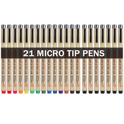 21-Pack Micro Pens Set - 14 Waterproof Archival Ink Colors in 0.45MM Felt Tip & 7 Blacks in 0.2-0.5MM Fineliner Ink Pens For Journaling, Illustrating,Artists,Sketching,Anime,Technical, Drawing Pens