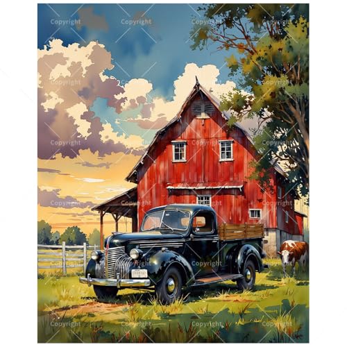 Farmhouse Paint by Numbers Kit for Adults - DIY Vintage Red Barn and Black Truck Painting on Canvas 16x20 Inches, Acrylic Paint Set, Suitable for Beginners, Art for Home Decoration or Gifts - color: HSX01199, size: 16X20IN Folded