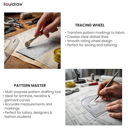 Liquidraw 7 Piece Sewing & Dressmaking Set | Pattern Maker Ruler, Pattern Notcher, Tracing Wheel, Thread Cutter, Seam Ripper, Measuring Tape & Armhole Curve | Professional, Beginner & Hobby Use - style: Pattern Maker Set of 7