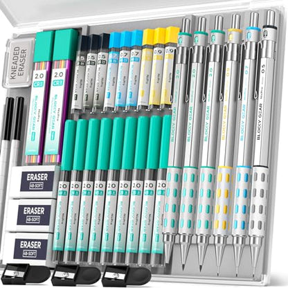 Nicpro 36PCS Blocky Gear Art Mechanical Pencil Set with Case | Metal Mechanical Pencils 0.5/0.7/0.9/2mm Lead Holder for Drawing Sketching with 20 Tubes (6B 4B 2B HB 2H 4H Colors) Refills - style: 6 PACK