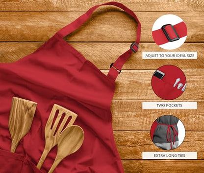 Utopia Kitchen 2 Pack Bib Apron, Adjustable with 2 Pockets, Water and Oil Resistant, Cooking Kitchen Chef Apron for Women Men - color: Red