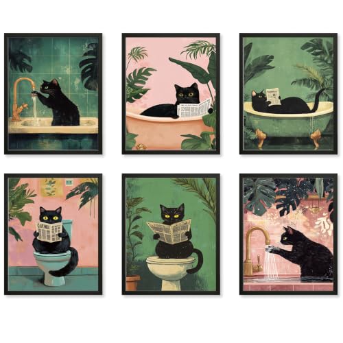 Dazoratix Funny Cat Bathroom Poster, 6 Pcs, Black | Whimsical Cute Animal Wall Art Decor Painting, Aesthetic Maximalist Quirky Toilet Prints - color: Funny Cat Bathroom