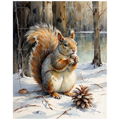 Wildlife Paint by Numbers Kit for Adults - DIY Squirrel in Snowy Forest Painting on Canvas, Acrylic Paint Set, Suitable for Beginners, Art for Home Decoration or Gifts(8X12IN Framed) - color: TCXY07903, size: 8X12IN Framed