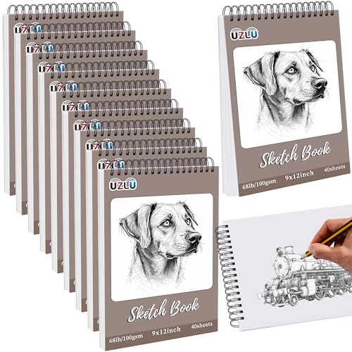 10 Pcs Sketch Book Bulk 9 x 12 in 400 Sheets Top Spiral Bound Sketch Pad Drawing Paper 40 Sheets Each Acid Free Mixed Media Sketchbook 68lb/100gsm Art Supplies for Beginner Artist - size: 9x12in