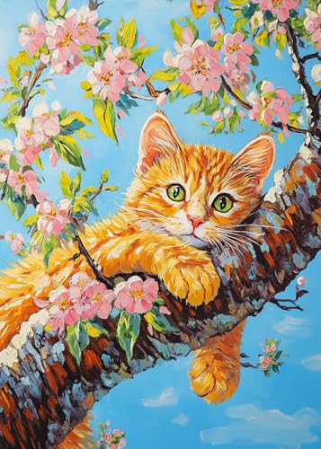 Yunnuo Diamond Art Kits for Adults Beginners Cat on the Tree, Flowers Diamond Painting Kit, 5D DIY Animal Gem Art Kit with Round Diamonds for Home Wall Decor and Gifts 12" Wx16 L - color: D010-tree cat 30x40cm