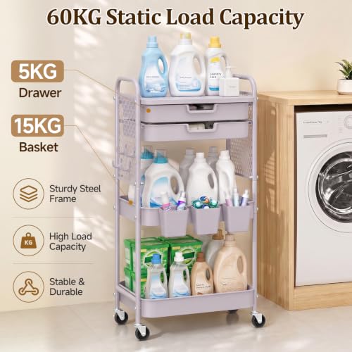 3 Tier Rolling Cart with 2 Drawers, Metal Utility Storage Carts with Wheels | Kitchen Rolling Cart 4.5" Deep Basket, Mesh Side Panel with 3 Cups, 4 Hooks for Office, Bedside, Craft Storage Cart - color: Dray Purple