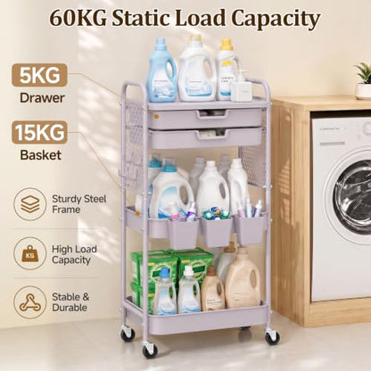 3 Tier Rolling Cart with 2 Drawers, Metal Utility Storage Carts with Wheels | Kitchen Rolling Cart 4.5" Deep Basket, Mesh Side Panel with 3 Cups, 4 Hooks for Office, Bedside, Craft Storage Cart - color: Dray Purple