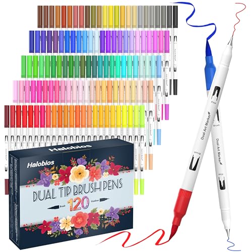 Halobios 120 Color Dual Tips Brush Pens, Fine and Brush Tip Markers with Swatch Card for Adult Coloring, Art Markers Set for Journaling Calligraphy Drawing Sketching Doodling Illustrating - color: White 120 Colors