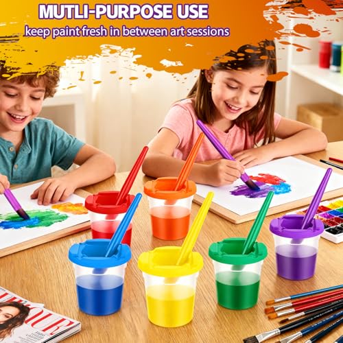 18 Set No-Mess Paint Cups with Lids and Brushes for Kids Paints，6 Colors | No-Spill Proof, Airtight Dual-Seal, Reusable, No-Messes, Art Supplies, for Toddler Painting, Classrooms or Summer Camps