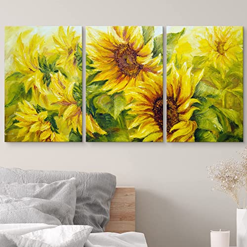 wall26 - 3 Piece Canvas Wall Art - Sunflowers in Oil Painting Style - Modern Home Art Stretched and Framed Ready to Hang - 16"x24"x3 Panels - color: Artwork - C205, size: 16" x 24" x 3 panels