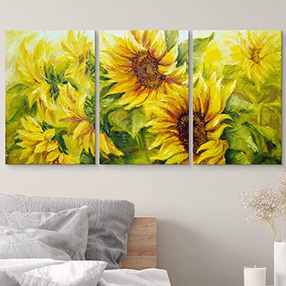 wall26 - 3 Piece Canvas Wall Art - Sunflowers in Oil Painting Style - Modern Home Art Stretched and Framed Ready to Hang - 16"x24"x3 Panels - color: Artwork - C205, size: 16" x 24" x 3 panels