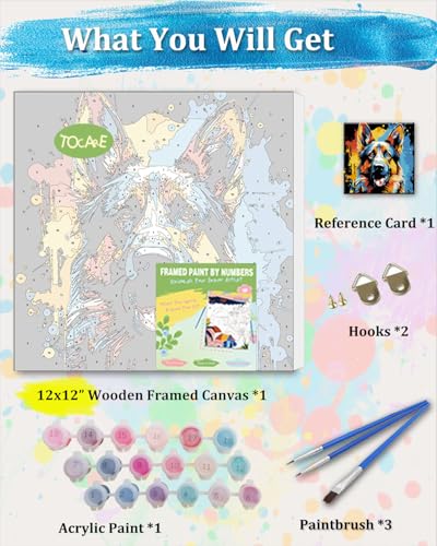 TOCARE Framed Paint by Numbers Kit for Adults Beginners,12x12inch Dog Paint by Number with Frame,German Shepherd Paint by Numbers Framed Canvas Animal (Without Easel) - color: TC-F-224