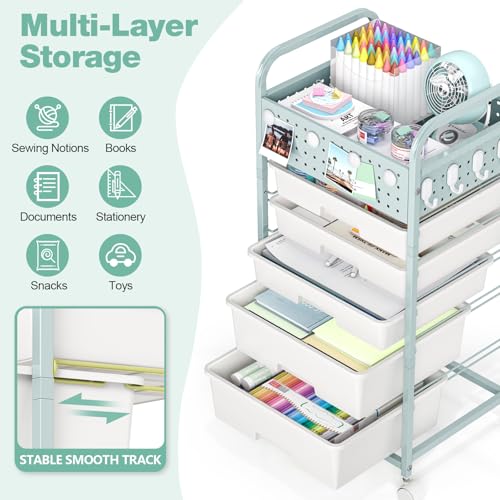 5 Drawer Rolling Storage Cart with Pegboard Top and Hooks, Green - color: Green, size: 5-Drawers