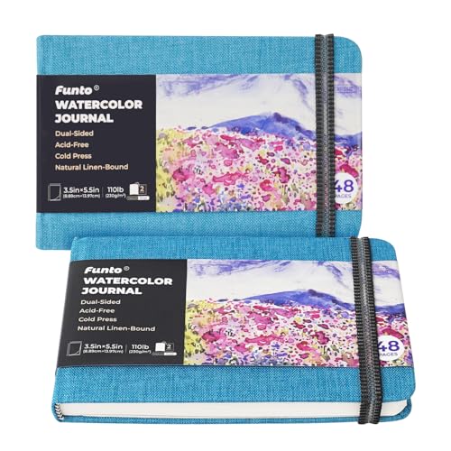 Funto Watercolor Journal, 3.5x5.5, 2 Pack, 24 Sheets Each, Cold-Pressed with Inner Pocket, 110lb/230gsm, Suitable for Techniques and Mixed Media - color: Blue-3.5x 5.5