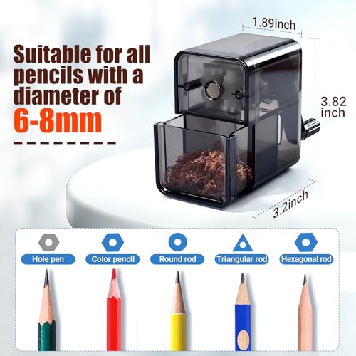Manual Pencil Sharpener, Labor-Saving Hand Crank Automatic Pen Entry, for 6.5-8 mm Pencils and Colored Pencils with 2 Levels of Pencil Sharpness，for Kids, Students, Classroom, Home and Office (Black)