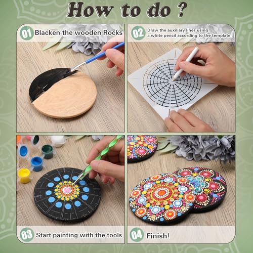 Potchen 10 Pcs Mandala Rock Painting Kit Mandala Dotting Tools Kit Wooden Rocks Dot Paint Stencils Tool Set for Adults Arts Drawing Home Decor Activity DIY Mothers Day Gift