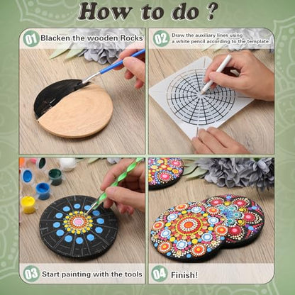 Potchen 10 Pcs Mandala Rock Painting Kit Mandala Dotting Tools Kit Wooden Rocks Dot Paint Stencils Tool Set for Adults Arts Drawing Home Decor Activity DIY Mothers Day Gift
