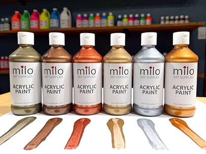 milo Metallic Acrylic Paint Set, 6 Metallic Colors, 4 oz Bottles | Safe and AP Non-Toxic, Made in the USA, Arts & Crafts Paints for Artists, Student & Hobby Painters, Paint Pack, Multi-Media - style: Metallic Set 6 x 4 oz