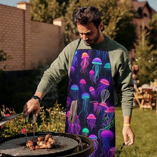 Apron with 2 Pockets,Kitchen Chef Artist Aprons for Cooking Gardening Baking Painting, Waterproof Apron 33" x 27" - color: Jellyfish