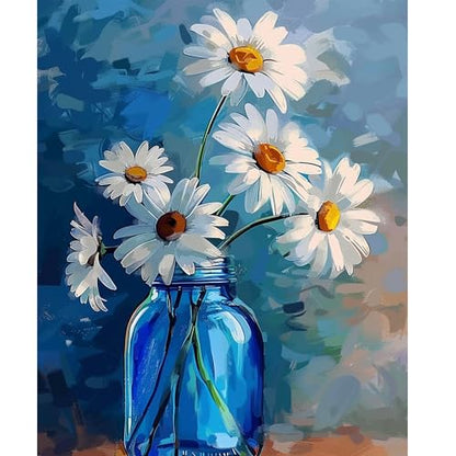 Ohhvvow White Daisy Diamond Art Painting Kits for Adults, Full Drill Blue Vase Flower Diamond Dots Paintings for Beginners, Blue Round 5D Paint with Diamonds Painting Kits for DIY Crafts, 12x16 Inch - color: White flower