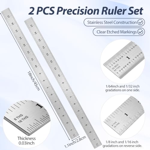 EBOOT 2 Pcs Stainless Steel Ruler Machinist Engineer Ruler with Markings 1/8, 1/16, 1/32, 1/64 Inch for Engineering, School, Office, Architect, and Drawing (18 Inch) - size: 18 Inch