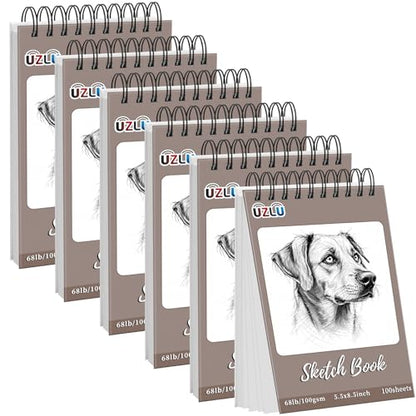 UZLU 6 Pcs Sketch Book Bulk 5.5 x 8.5 in 600 Sheets Top Spiral Bound Sketch Pad Drawing Paper 100 Sheets Each Acid Free Mixed Media Sketchbook 68lb/100gsm Art Supplies for Beginner Artist - size: 5.5x8.5in