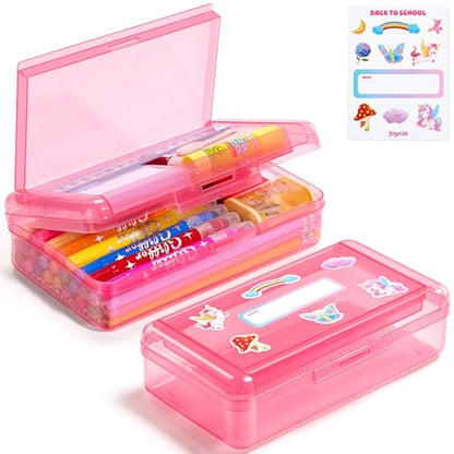 GAMENOTE Plastic Pencil Box with Personalized Sticker,Kid Hard Pencil Case with Snap-tight Lid,Small Art Craft Storage Containers,School Supplies Box for Boys,Girls (Double-Layer Pink) - color: Double-Layer Pink
