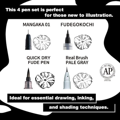 Kuretake Zig Inktober pen set, for Illustration, Manga Drawing, Lettering and Calligraphy, Professional Artist, Made in Japan (Basic No.4(4pcs.)) - style: Basic No.4(4pcs.)