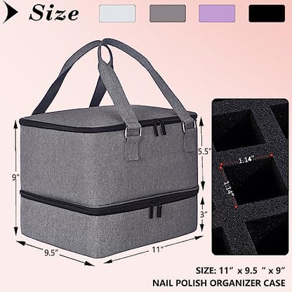 FCQQYWZ Nail Polish Organizer Case - Holds 42+ Bottles (15ml/0.5 fl.oz) and 1 Nail Lamp, Upgraded Double-layer Nail Polish Carrying Case Nail Polish Storage Bag with Handles (Grey) - color: Grey-42Bottles