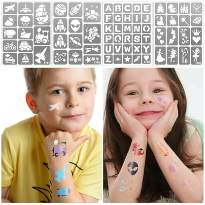 183 PCS Temporary Tattoos Stencils for Kids, Boys Girls Glitter Tattoo Stencils Kit, Body Face Paint Stencils Template for Kids School Show Birthdays Christmas Halloween Party Supplies