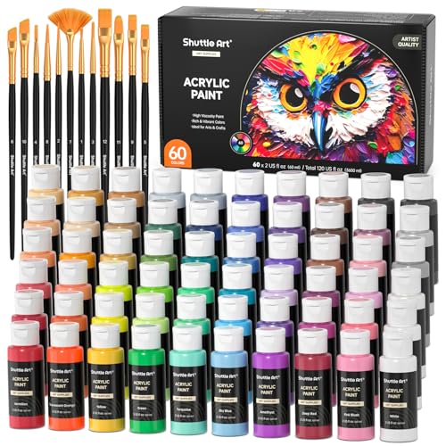 72 Pack Acrylic Paint Set, Shuttle Art 60 Colors Acrylic Paint Including Extra White Black & 12 Brushes, 2oz/60ml, Rich Pigmented, Water Proof, Ideal for Artists, Beginners on Canvas Rock Wood Ceramic - color: Regular, size: 2 Fl Oz (Pack of 60)