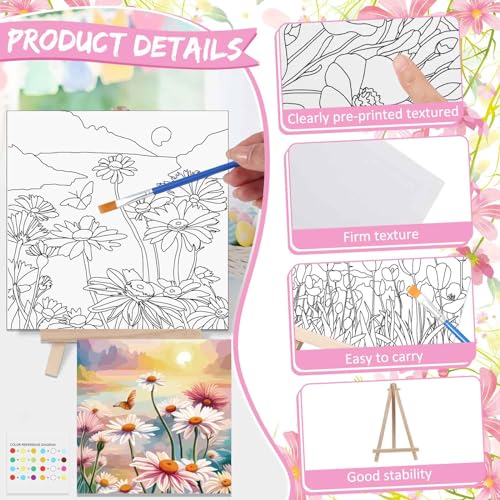 Tenceur 12 Sets Pre Drawn Canvas to Paint Adult Stretched Coloring Painting Canvas Panels with Design Easel and Brushes for Party Supplies Beginner Favor(Flower) - style: Flower