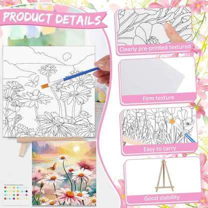 Tenceur 12 Sets Pre Drawn Canvas to Paint Adult Stretched Coloring Painting Canvas Panels with Design Easel and Brushes for Party Supplies Beginner Favor(Flower) - style: Flower