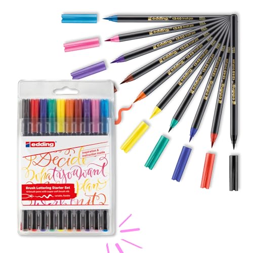 edding 1340 Brush Pen Set, 10-Colors - color: black, red, blue, green, yellow, orange, brown, violet, pink, light blue