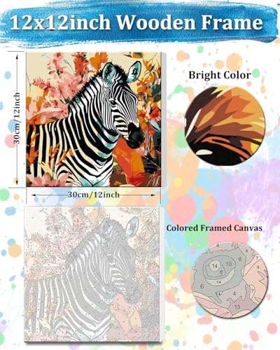 TOCARE Framed Paint by Numbers Kit for Adults & Kids Ages 8-12, 12x12Inch Jungle Zebra Paint by Numbers with Frame, Wildlife Paint by Number Framed Canvas for Animal Lovers (Without Easel) - color: TC-F-369
