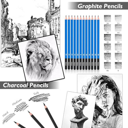 Caliart 176PCS Art Supplies Sketching Kit, 100 Sheets 3-Color Sketch Book - color: Grey