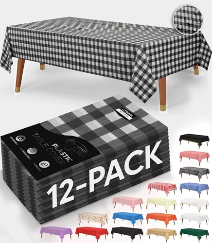 Utopia Kitchen Plastic Table Cloth Disposable [Black Check, 12 Pack] | Rectangle Tablecloth Waterproof Stain Resistant Party Table Cover - color: Black Check, size: 54X108 Inch - 12PC