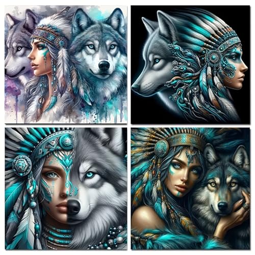 KUFWKEY 4 Pack Native Woman and Wolf Diamond Art Kits for Adults,Full Round Diamond Dots,Diamond Painting Kits for Beginner,DIY handicrafts,Mosaic Art and Craft,Home Decor,11.81X11.81 inch - color: FQTG3060