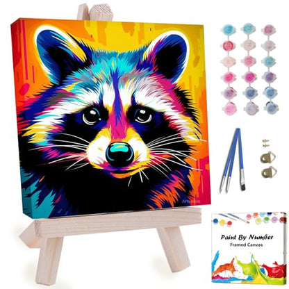 Artunion Framed Paint by Numbers Kit for Adults Beginners & Kids Ages 8-12,Colorful Raccoon Paint by Number with Frame,Animal Easy Paint by Numbers Kit on Canvas 10 * 10 Inch Without Easel - color: ZXT-387-F