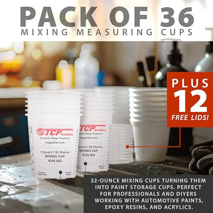 Custom Shop Paint Mixing Cups, 32-Ounce, 36 Pack, Plastic Measuring Cups | For Liquids, Automotive Painting, Epoxy Resin, Acrylic Arts, Crafts, Disposable or Reusable, Graduated, Mixing Ratios - style: 36 Cups + 12 Lids