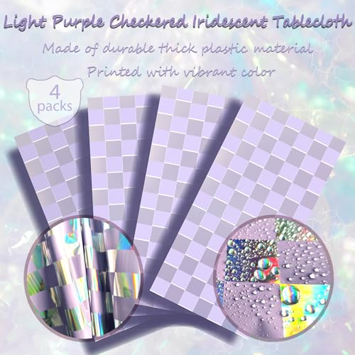 OQOQ Light Purple Checkered Iridescent Tablecloth (4 Packs), 108x 54 Inches Laser Rectangular Plastic Table Cover Disposable Table Cloth Purple Birthday Music Birthday Princess Bachelorette Party - color: Light Purple Checkered