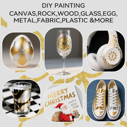 TRANSON 3 Gold, 3 Silver, 1 Black and 1 White Paint Markers Brush and Bold Dual-tip Acrylic Paint Marker Set for Rock Painting Glass Canvas Wood Leather Ceramic Painting - style: Bold and Brush 3 Gold 3 Silver 1 Black and 1 White