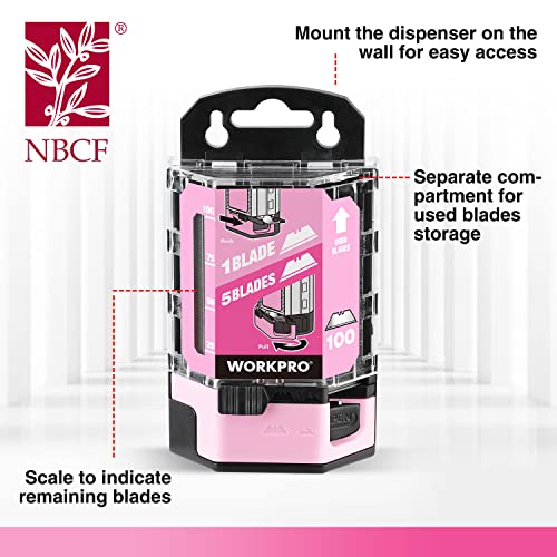 WORKPRO 100-Pack Utility Knife Blades | Utility Blades Replacement with Dispenser, SK5 Carbon Steel - Pink Ribbon - style: SK5(pink)