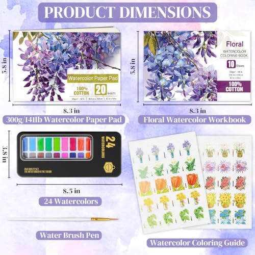 Watercolor Coloring Book Kit for Adults 24 Color Paint Set with Brush
