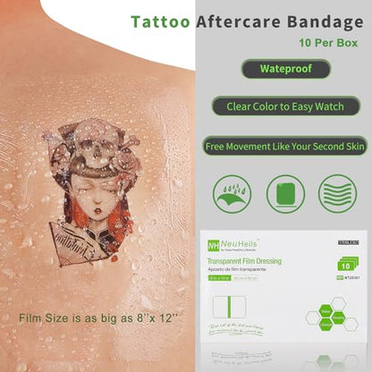 NeuHeils Transparent Film Dressing 8"x12", 10pks Tattoo Waterproof Bandage - size: 8''x12'' (Pack of 10)