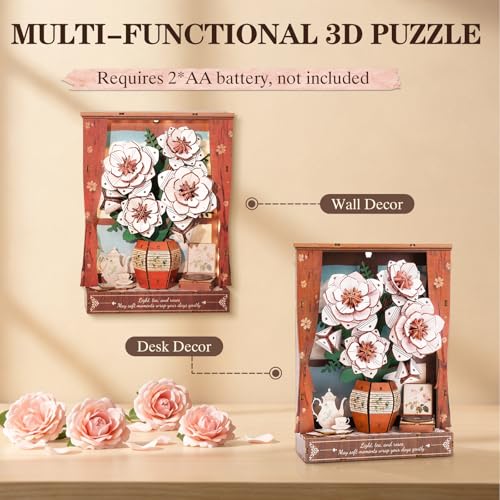 3D Puzzles for Adults Pink Roses Wooden Bloom Craft with LED Light - color: Pink Roses