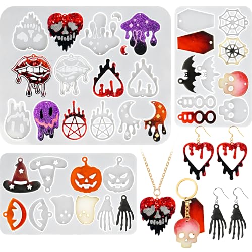 Resin Earring Mold with Hole, 3Pack Halloween Earring Casting Molds | Skull Bat Witch Bat Pumpkin Spooky Ghost Hand Shaped Earring Silicone Mold for Resin Casting Pendant Keychain Jewelry Gift - color: 3 PCS Halloween Resin Molds with Holes